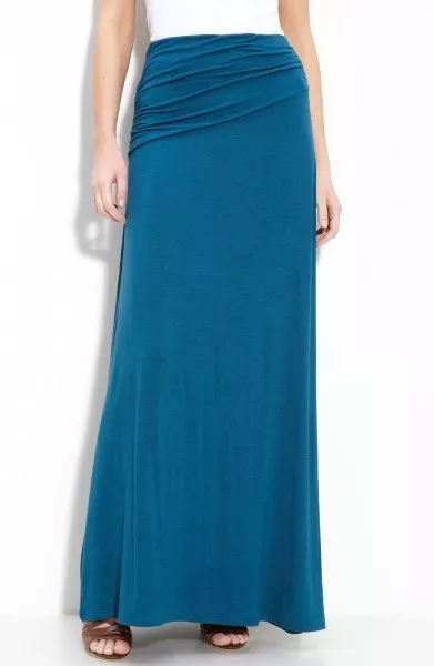 40" MAXI SKIRT, LONG SKIRTS, KNIT SKIRT WOMENS | RUCHED AT WAIST | Peacock Blue