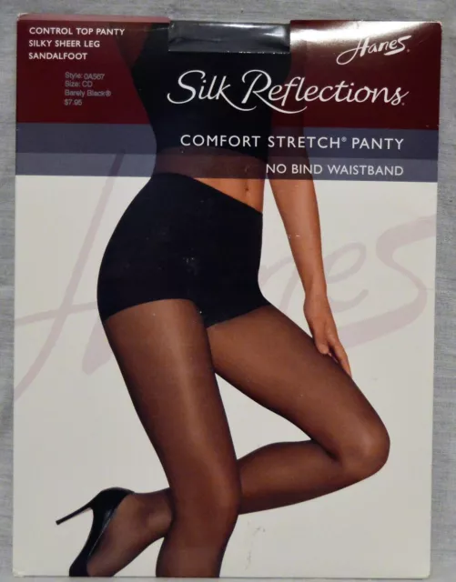 Hanes Silk Reflections Comfort Pantyhose Sandalfoot Barely Black Size CD *62