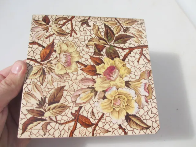 Antique Ceramic Tile Vintage Floral Art Nouveau Flowers Old Leaf Victorian 1888