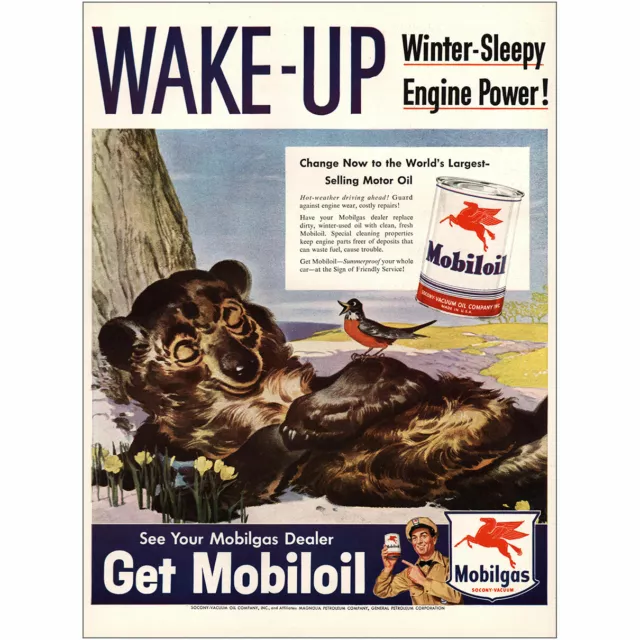 1948 Mobiloil: Wake Up Winter Sleepy Engine Power Vintage Print Ad