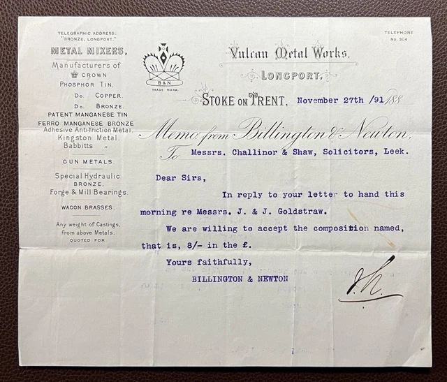 1891 Billington & Newton, Metal Mixers, Longport, Stoke on Trent Letter
