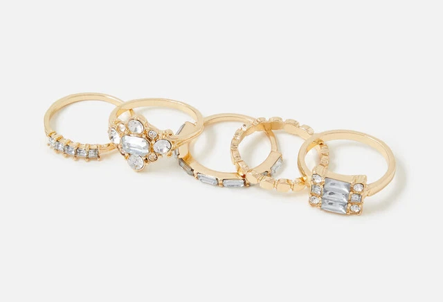 Accessorize, Gold Tone, 5 Piece Stacking Statement Crystal Ring Set, Sizes M/L
