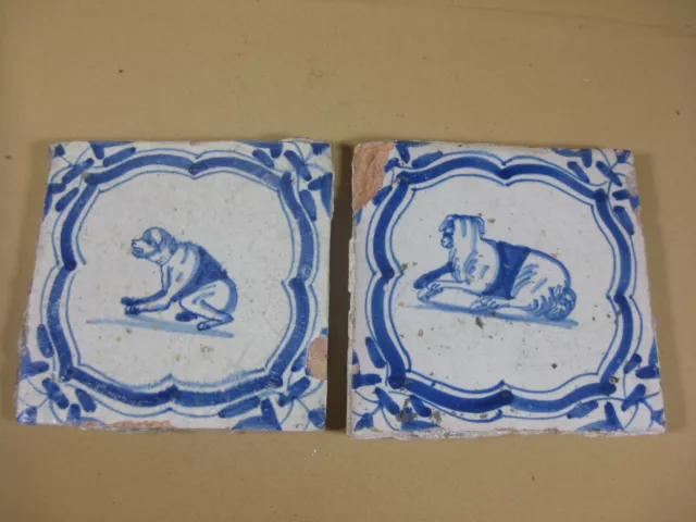 TWO 17th C  DUTCH DELFT TILES  WITH A DOG