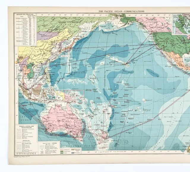 1952 Pacific Ocean Shipping Lines Map Commercial Telegraph Cables Royal Mail