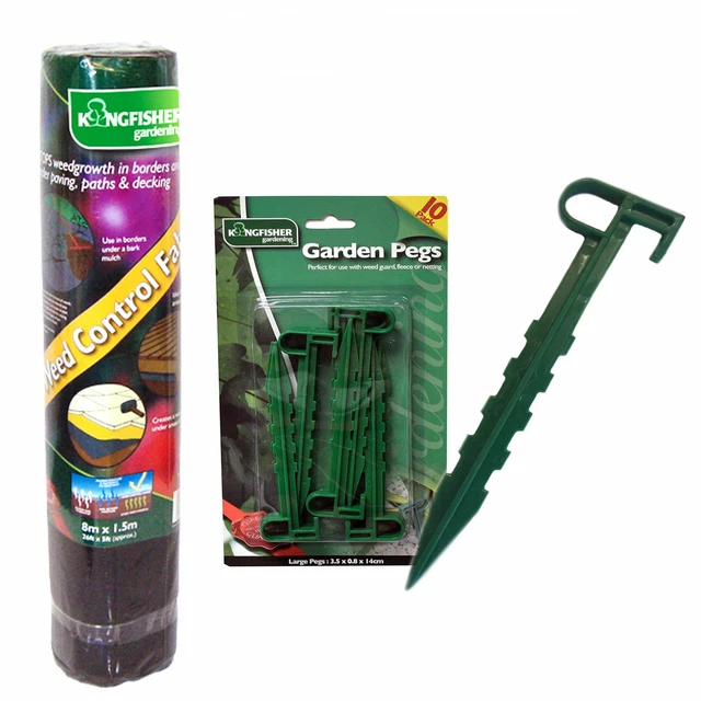 Membrana controllo erbacce, pioli da giardino o pacchetti assortiti per entrambi gli articoli.