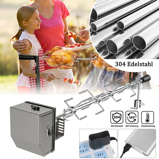 BBQ Rotisserie Grillspieß Drehspieß Fleischnadel Spieß Edelstahl mit Motor 142cm