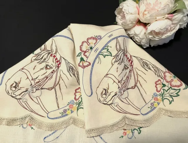 Vintage Hand Embroidered Supper Cloth Horses & Horseshoes 88cm x 85cm