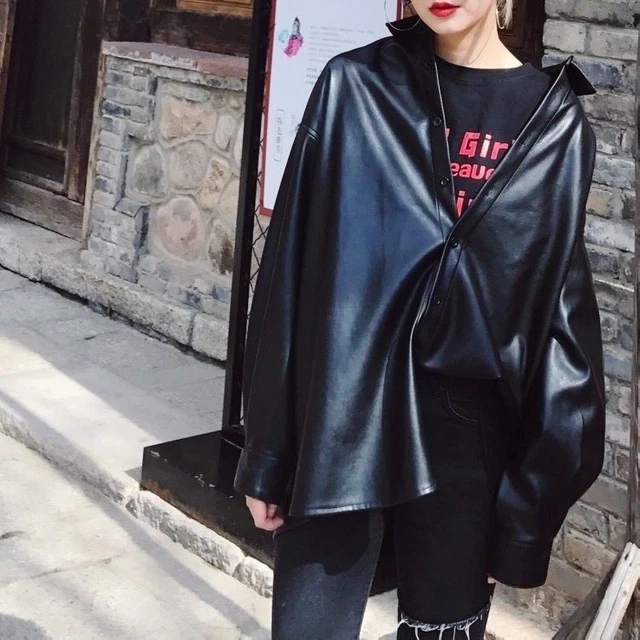 Femme Simili Cuir Pu Chemisier Manteau Noir Punk en Vrac Décontracté Gothique