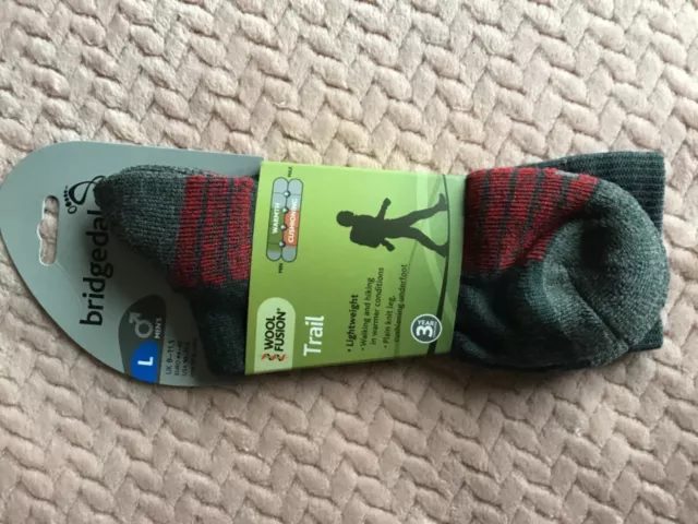 BRIDGEDALE trail socks NEW large red mix wool fusion, cushioned underfoot