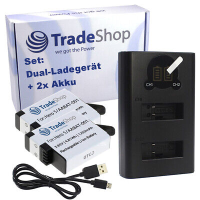 JUEGO: Cargador USB LCD Dual + 2x Batería 1250mAh para GoPro Hero 5, 6, 7, 8 AHDBT501