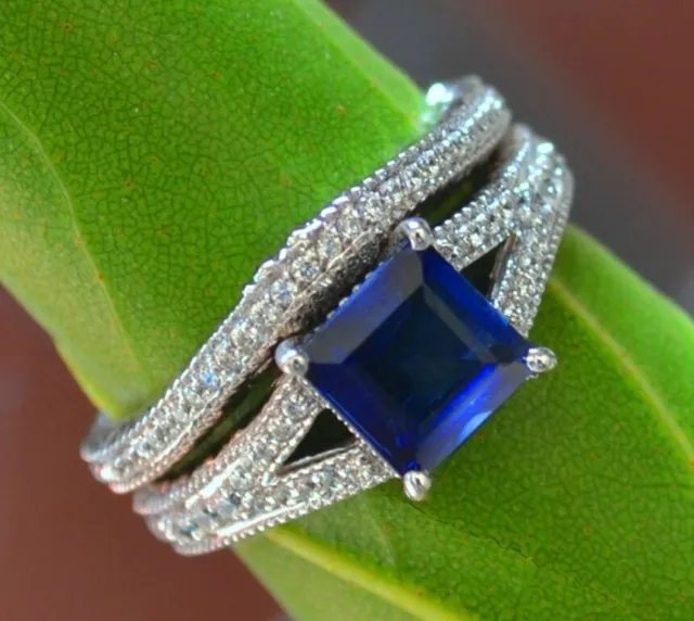 Bague de fiançailles princesse saphir bleu 2 ct et diamant simulé or blanc...