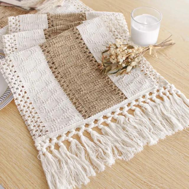 Table Runner for Home Decor Cream & Brown Farmhouse Table Runner with Tassels