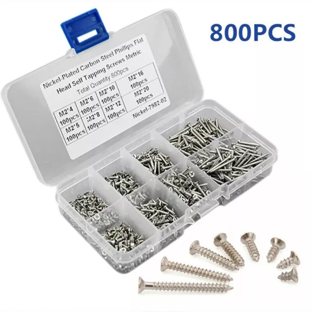 Complete Nickelplated Iron Self Tapping Screw Assortment Kit 800 Pieces