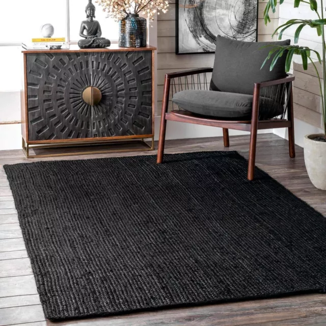 Black Jute Rug Rectangle Handmade Area Jute Carpet/Mat for Home Décor- Black