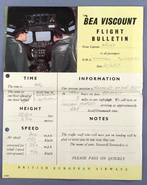 Bea British European Airways Airline Flight Bulletin Vickers Viscount G-Anhf