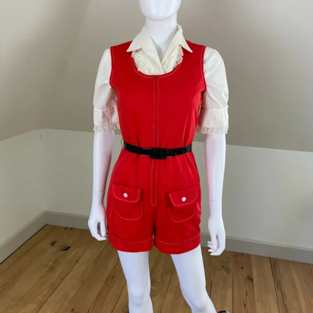 Vintage 60s 70s Red-Orange Shorts Romper Jumpsuit Mod S Small Jo Jr Polyester