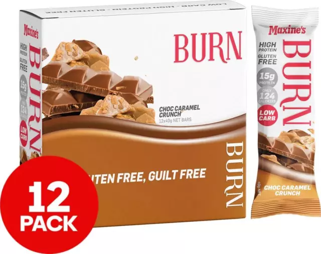 12 X Maxine's Burn Protein Bars Choc Caramel Crunch 40g