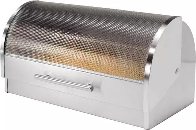 Stainless Steel Roll Top Bread Box Kitchen Countertop with Tempered Glass Lid -