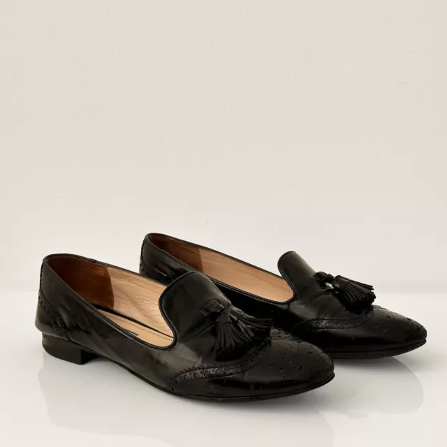 Prada Spazzolato Wing-Tip Tassel Woman's Loafer Black Leather EU38 US 7 2