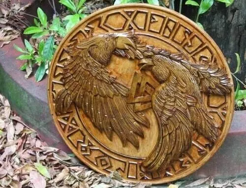 Sculpture sur bois d'oiseau authentique Battleworn Viking Shield 24"...