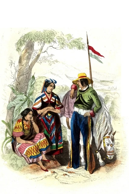 MEXICO Mechouacan Guerrillos in Costumes (19th Century) - Color Engraving