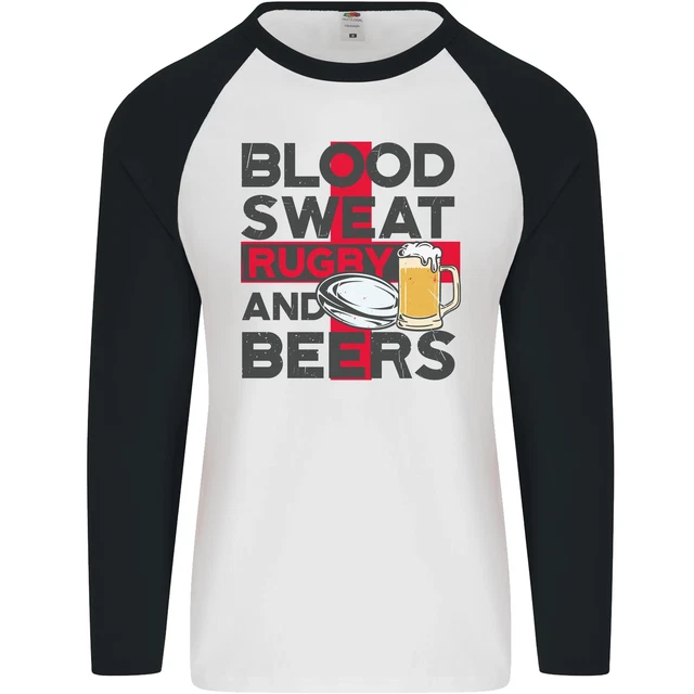 Maglietta da baseball Blood Sweat Rugby and Beers England divertente da uomo L/S