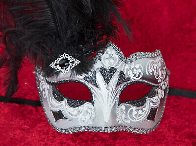 Mask from Venice Colombine IN Tip IN Feathers Ostrich Black Silver 1424 S13B 2