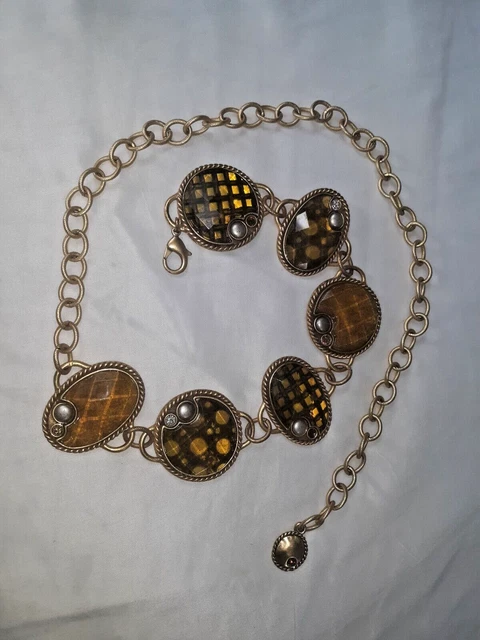 CHICO'S Chain Belt Brushed Gold Amber Gems Size L to XL 41 1/2 inches long