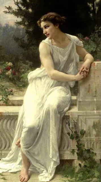 Oil painting Guillaume Seignac - young woman of pompeii on a terrace landscape
