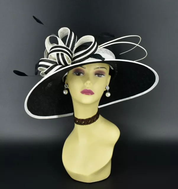 M977(Black/Ivory)Kentucky Derby, Church, Wedding, Tea Part Wide Brim Sinamay Hat