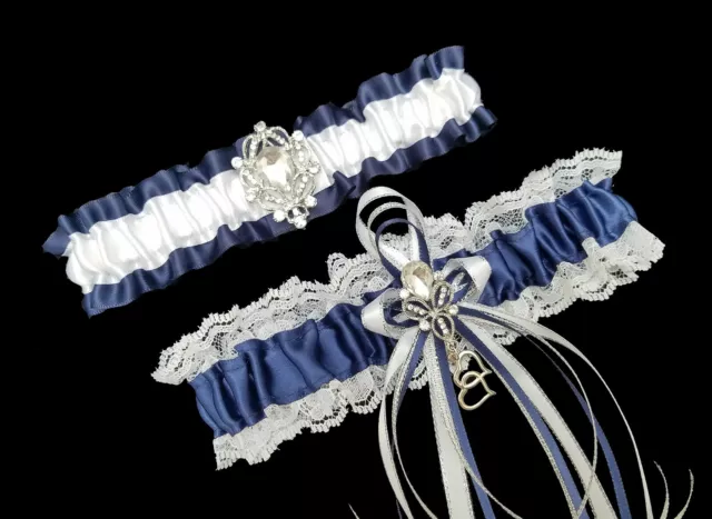 Set of 2 Navy Blue White Lace Wedding Prom Bridal Garter Belt with Rhinestones