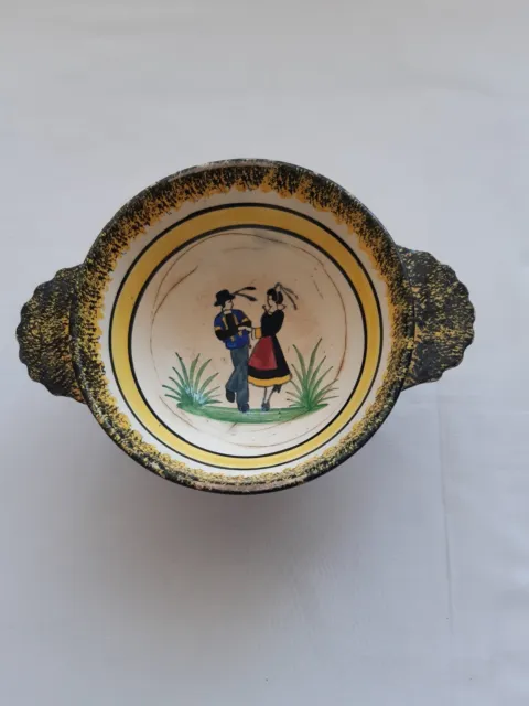 Vintage Henriot Quimper Pottery Soup Bowl Lug Handles Breton Couple CORLORY Fr.