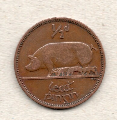 Vintage  Coin Year **1941  WWII Ireland.**  Irish Éire 1/2d  Pig & Piglets Coin