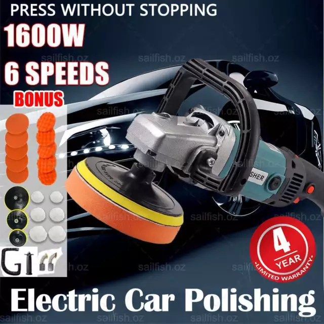 240V Polisher Car Buffer Pad Electric Machine Tool Kit 6 Speed 1600W 180mm 150mm