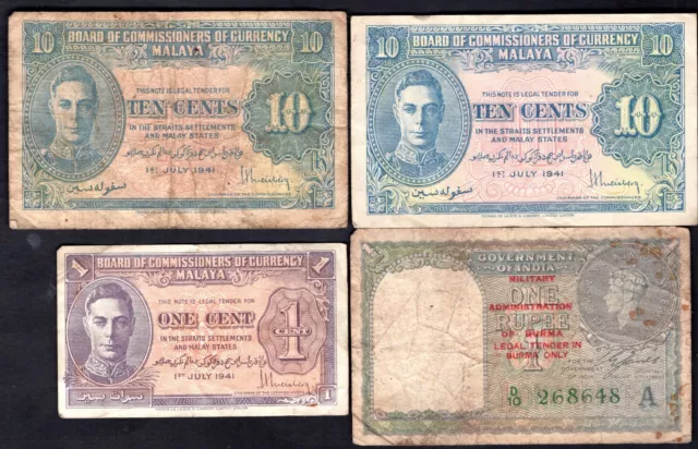 Malaya/Burma, 4 Banknotes. Details Below.                                DY14476