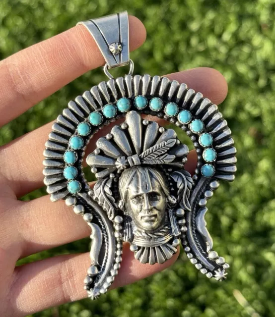 Navajo 925 Sterling Silver Turquoise Indian Chief Head Naja Pendant Southwestern