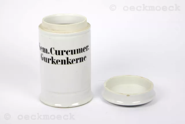 Altes Apotheken Keramikgefäß hellgrau "Sem.Curcumer." "Gurkenkerne" 2
