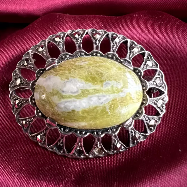 Beautiful Vintage Solid Silver, Irish Connemara Marble & Marcasite Brooch Green