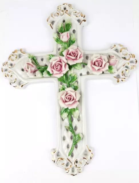 The Capodimonte Cross Of Roses Made In Italy. Ceramic Wall Plaque