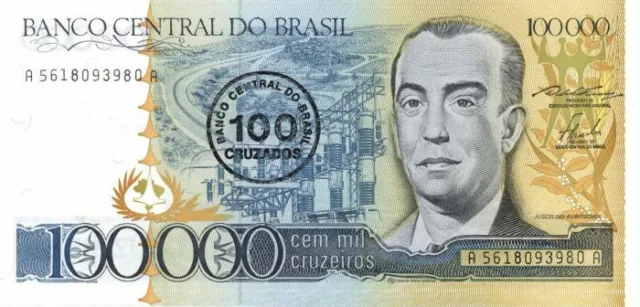 Brazil - 100 Cruzados on 100,000 Cruzeiros - P-208a - Foreign Paper Money - Pape