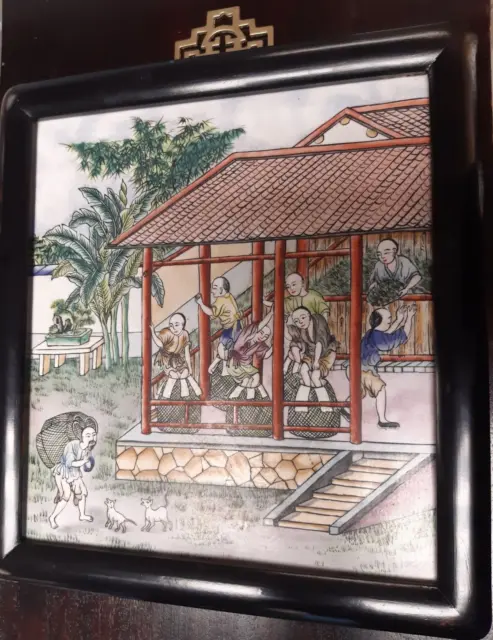 Vintage Chinese Hand Painted Porcelain Tile in Wooden Frame