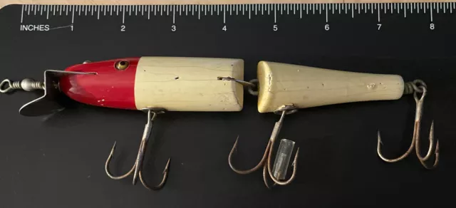 Vintage Creek Chub Husky Pikie Jointed Wood Fishing Lure W Glass Eyes, Red/White