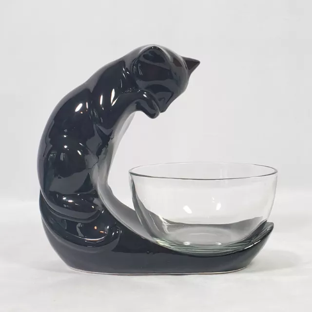 Vtg Pottery Sculpture Black Cat w/ Fish Bowl Plant Holder 9" Figure MCM Retro