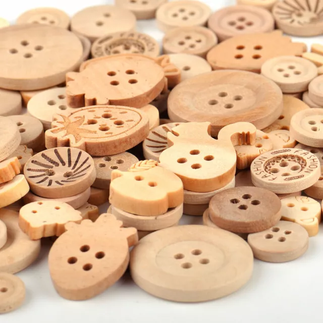 100x 4 Holes Mixed Shape Fruits Animals Wooden Buttons for DIY Sewing Craft An