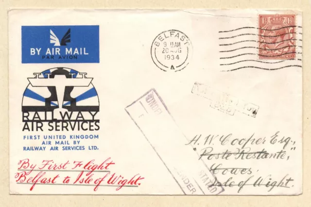 GB 1934 FLOWN Cover 1st RAILWAY AIR SERVICES Flight BELFAST to ISLE of WIGHT