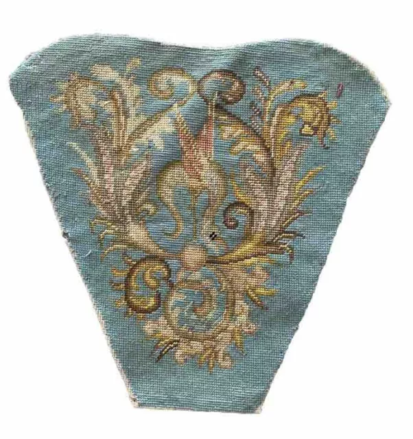 Antique Victorian Blue Beadwork Needlepoint on Burlap Floral  Panel 16x13