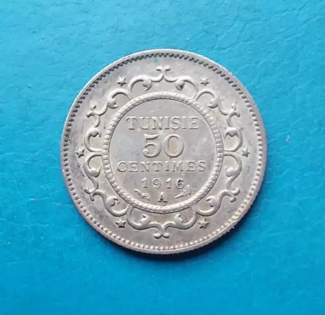 Tunisie Tunisia 50 centimes argent 1916 AH 1335 Lec.165 km 237 QUALITE !