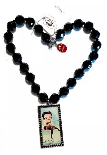 Betty Boop sexy - Girocollo con perle di vetro nere sfaccettate e pendente