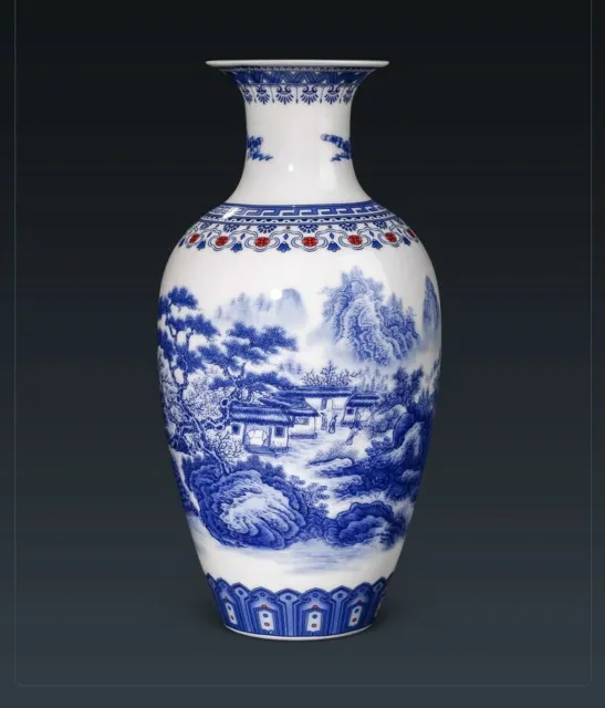 Beautiful Classic Chinese Blue & White Landscape Pattern Vase from JingDeZhen