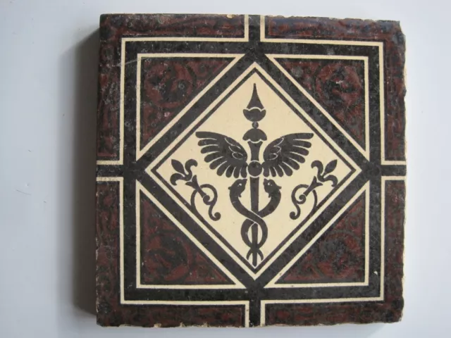 Antique 6" Victorian Mintons Caduceus  Design Wall Tile  C1885 Black & Burgundy